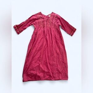Anokhi pink embroidered relaxed fit dress with bell sleeves and v-neck size S
